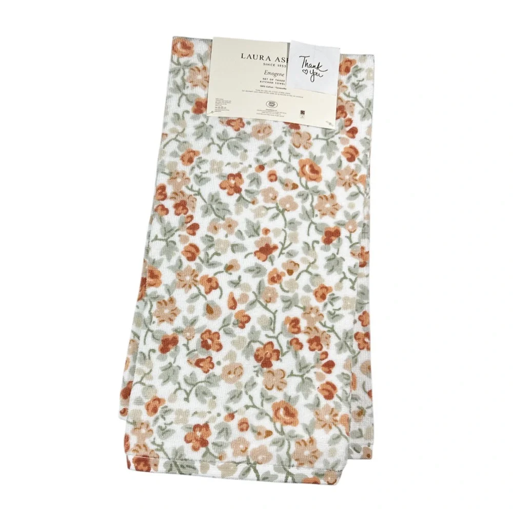 NEW Laura Ashley FLORAL EMOGENE Terracota Kitchen Towel Set/3